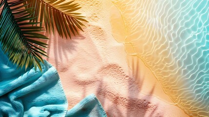 Aufkleber - Summer pastel background top view beach towel on sand shadow of palm leaf sunlight Summer beach day concept relaxation rest time Minimal design lifestyle background with empty space : Generative AI