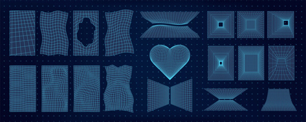 Wall Mural - abstract wireframe 3d shapes including mesh grids, hearts, and tunnels. y2k retro geometric design e
