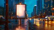 © Generative AI - Blank mock up of vertical street poster billboard on city background Electronic modern empty scoreboard on the background of a city street in the evening copy space : Generative AI