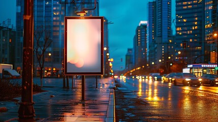 Poster - Blank mock up of vertical street poster billboard on city background Electronic modern empty scoreboard on the background of a city street in the evening copy space : Generative AI