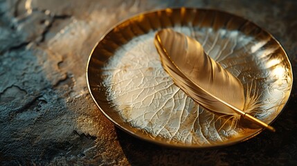 Poster - A golden feather plate on the table A feather plate with a sharp shadow Detail of kitchen utensils Interior decor art : Generative AI