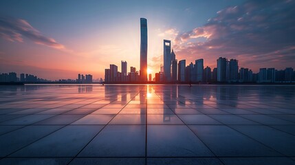Poster - Empty square floors and city skyline with modern buildings at sunset in Suzhou Jiangsu Province China high angle view : Generative AI
