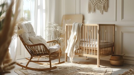 Aufkleber - Stylish baby room interior with crib and rocking chair : Generative AI