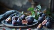 © Generative AI - Still life with fresh figs and plates Photos in natural colors Minimal food concept with dramatic light and shadow : Generative AI