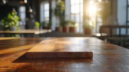 Poster - On the blurred background of the empty office room a wooden board rested atop the table : Generative AI
