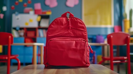 Poster - Red school backpack with stationery on desk in classroom : Generative AI