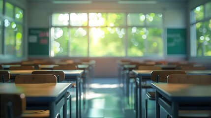 Poster - look out from the table blur image of empty classroom as background : generative ai