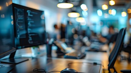 Aufkleber - employees blur in the workplace in office with computer or shallow depth of focus of abstract background : Generative AI