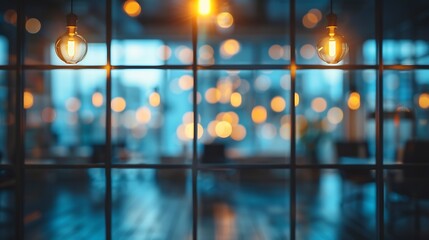 Poster - Blurred empty open space office Abstract light bokeh at office interior background for design : Generative AI