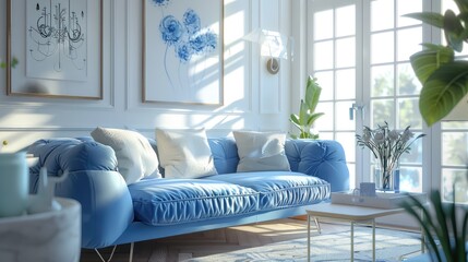 Sticker - Blue sofa in white living room interior design concept