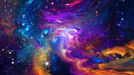 Poster - A digital abstract art depiction of a cosmic nebula with swirling colors of purple, blue, yellow, and orange. The image is set against a black background with scattered stars.