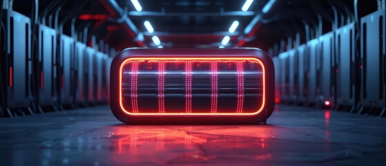 Poster - Battery storage system status is monitored via a holographic panel, futuristic with hologram, with copy space