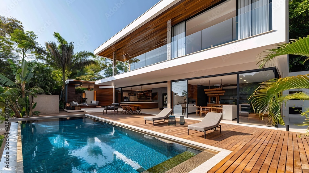 Modern villa with pool and deck with interior and exterior views ...