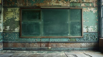 Poster - Three section green felt tack board on wall of old empty classroom in deserted abandoned school : Generative AI