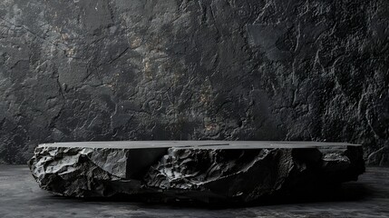 Fototapete - Rock Stone podium Background Stand Black scene Display product with material Dark gray wall room Studio background : Generative AI