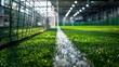 © Generative AI - Soccer goal net on indoor soccer field with white border on artificial green grass : Generative AI