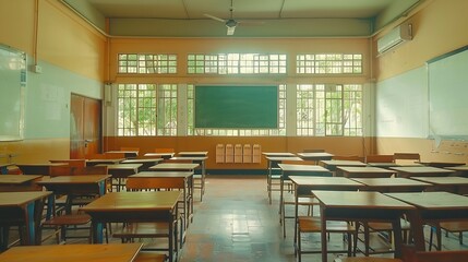 Poster - Lecture room or School empty classroom with desks and chair iron wood for studying lessons in high school Thailand interior of secondary education with whiteboard vintage tone educatio : Generative AI