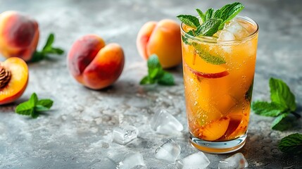 Aufkleber - Refreshing peach iced mint tea The concept of a healthy homemade cold summer drink in a tall glass on a light background with fresh fruit and shadows Front view and copy space : Generative AI