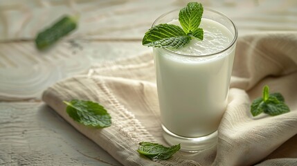 Poster - A glass of Turkish traditional drink ayran kefir or buttermilk made from yogurt garnished with mint leaves is placed on a beige napkin on a white wooden table : Generative AI