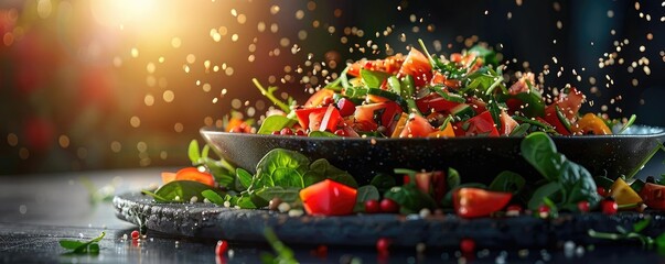 Wall Mural - A vibrant, fresh salad plated beautifully with tomatoes, greens, and grains, captured with colorful, warm lighting.