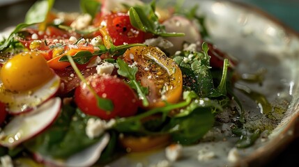 Wall Mural - Fresh and colorful salad with cherry tomatoes, arugula, and a sprinkle of cheese on a rustic plate. Healthy and delicious meal option.