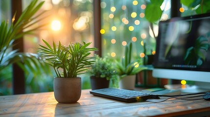Fototapete - Empty workplace with desk and plant in office room copy space work from an atmospheric home office full of green plant : Generative AI