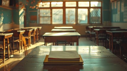 Poster - Interior of empty classroom with copybook on desk : Generative AI