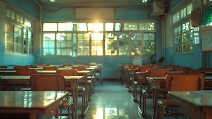 Aufkleber - Lecture room or School empty classroom with desks chair iron wood for studying lessons in high school Thailand interior of secondary education no kid teacher or young student with ligh : Generative AI