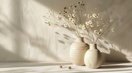 Wall Mural - Modern beige ceramic vases  with dry deisy flowers and sunlight shadow on white table near gray wallCopy space Minimal Scandinavian interior accessories : Generative AI