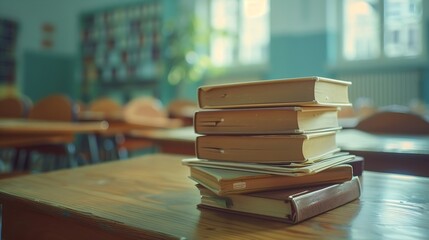 Poster - Stack of notebooks on wooden desk in empty classroom : Generative AI