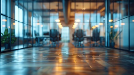Aufkleber - Beautiful blurred background of a modern Industrial office interior in Vintage tone with panoramic windows glass partitions and plywood Wooden floor : Generative AI