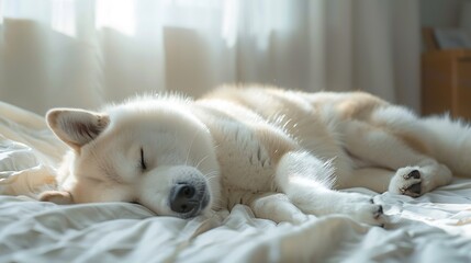 Poster - White dog Shiba Inu peacefully sleeps on a bed in a bright minimalist room with natural light streaming through the curtain home : Generative AI