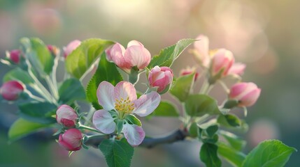 Poster - Apple flower buds in bloom signaling the arrival of spring The apple tree blossoms with the beauty of spring Banner : Generative AI