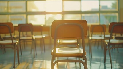 Poster - Chair group on table in classroom on morning education concept furniture empty people student in room seat and desk in school or university on blurred window and sunny light beauty : Generative AI