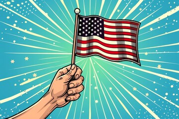 Vector of a hand holding a small American flag on  29 2 flag, usa, america, july, independence, day, vector, patriotic, red, symbol, star, illustration, blue, holiday, 4th, united, national, white, am