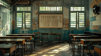 Poster - Lecture room or School empty classroom with desks and chair iron wood for studying lessons in high school Thailand interior of secondary education with whiteboard vintage tone educatio : Generative AI
