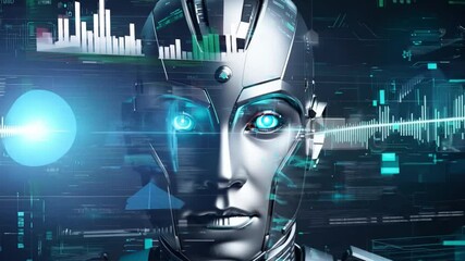 Poster - A close-up view of a female robot's face, with blue glowing eyes and a metallic helmet, against a backdrop of glowing blue digital data.