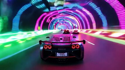 Aufkleber - A sports car drives through a brightly lit tunnel with neon lights.