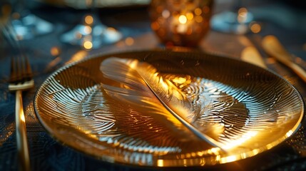 Poster - A golden feather plate on the table A feather plate with a sharp shadow Detail of kitchen utensils Interior decor art : Generative AI