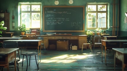 Leinwandbilder - Empty classroom with chairs desks and chalkboard : Generative AI