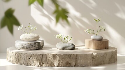 Poster - Decoration Wood cut podium and stone arrangements with green flowers on white background  Abstract podium for organic cosmetic products Natural stand for presentation and exhibitions F : Generative AI