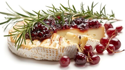 Poster - Tasty baked brie cheese with rosemary fruits and jam isolated on white : Generative AI