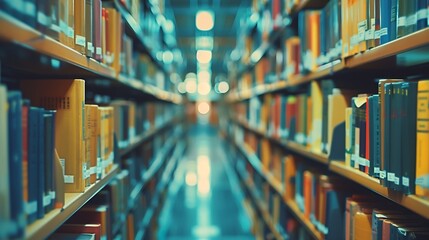 Fototapete - Abstract blurred public library interior space blurry room with bookshelves by defocused effect use for background or backdrop in business or education concepts : Generative AI