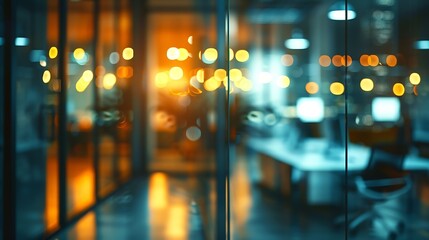 Poster - At night beautiful Abstract blurred office interior room blurry working space with defocused effect : Generative AI