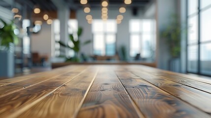 Poster - On the blurred background of the empty office room a wooden board rested atop the table : Generative AI