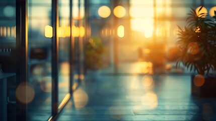 Poster - Blurred empty open space office Abstract light bokeh at office interior background for design : Generative AI