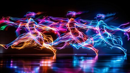 Poster - Vibrant light trails of a dancer in motion, creating a stunning and colorful visual effect against a dark background.