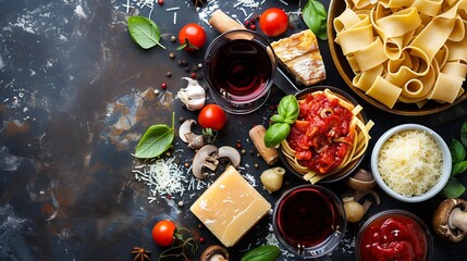 Wall Mural - Pasta variety Italian food and drinks overhead flat lay shot Spaghetti marinara mushroom pappardelle seafood pasta wine tomato sauce Parmesan : Generative AI