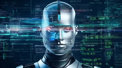 Poster - A close-up view of a silver humanoid robot's face, illuminated by glowing red eyes, against a background of green and blue digital code.