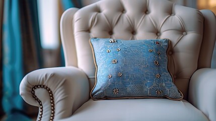 Aufkleber - close up view of pillow triming detail of armchair cushion support of armchair designhome interior design with detail of triming furniture decorating ideas : Generative AI